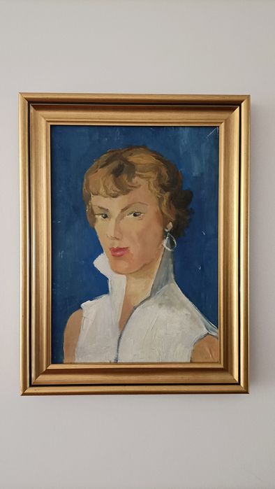 Pintura Retrato a óleo Mid-century emoldurada  vintage
