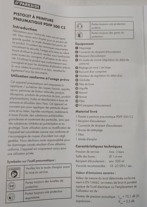 Пневматический краскопульт Parkside PDFP 500 пульверизатор