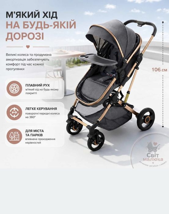 Дитяча коляска 3в1, сіра, стильна та зручна