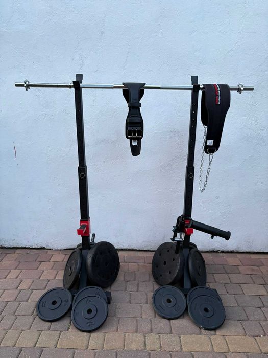Duży Zestaw: Ciężary żeliwo/PVC 90kg + Gryf + Stojak 220kg + T-Bar + Pasy + Uchwyt