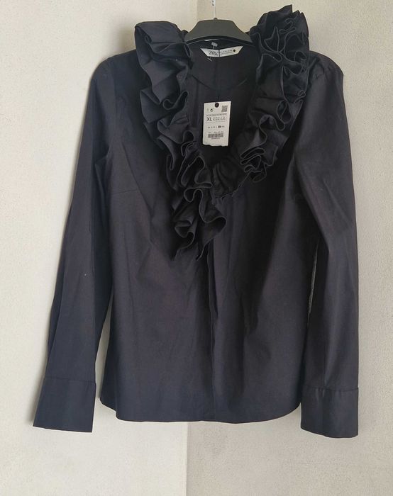 Lux czarna Koszula Bawełna ruffle falbany uniq ZARA 42 XL NOWA