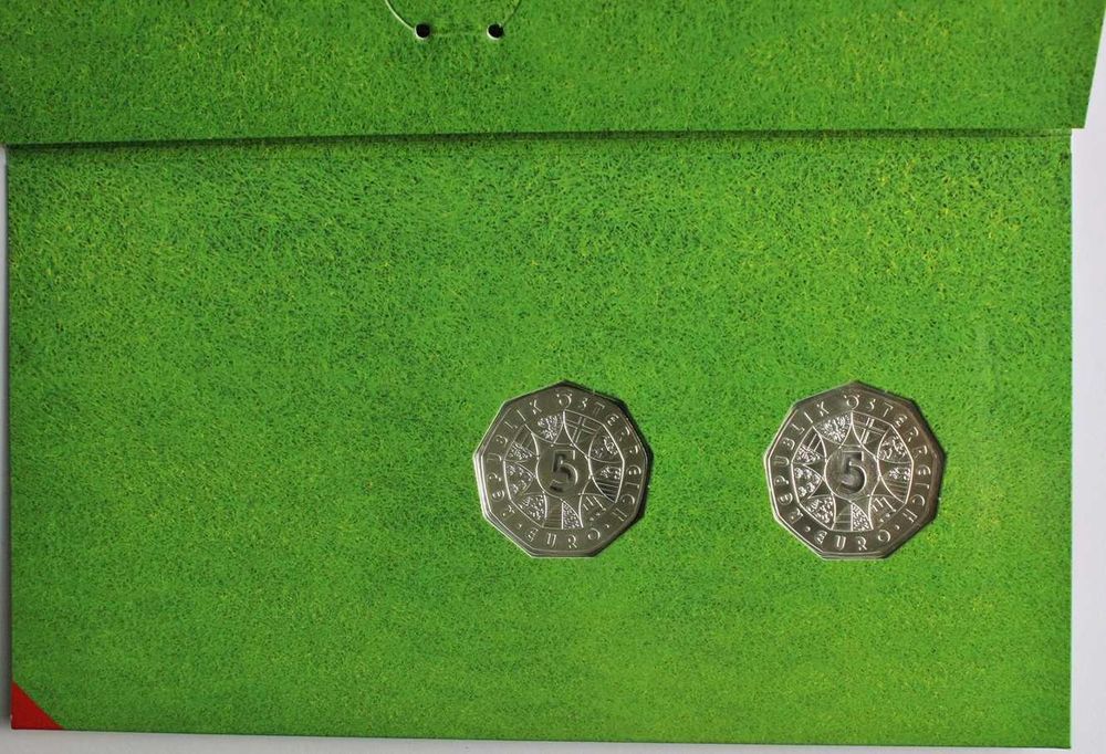 Carteira BNC Austria 5 € EURO 2008 2 moedas Comemorativas Prata