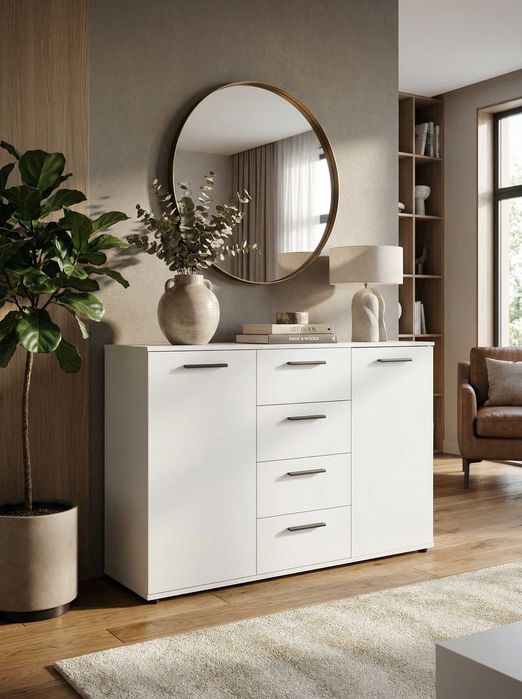 Komoda biała z szufladami i szafkami do sypialni salonu 120x85x35cm