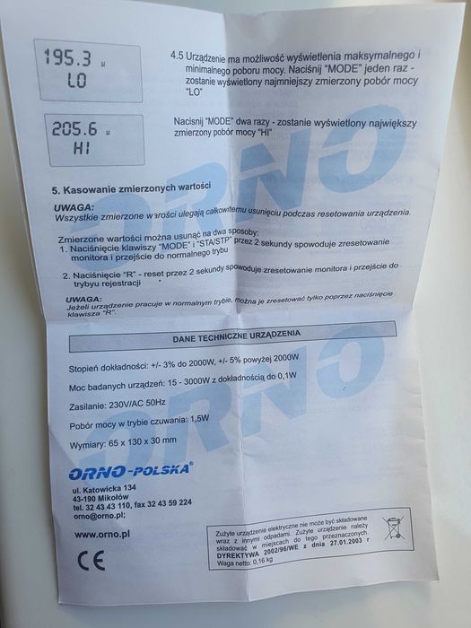 Miernik kalkulator zużycia energii elektrycznej Orno OR-6907B