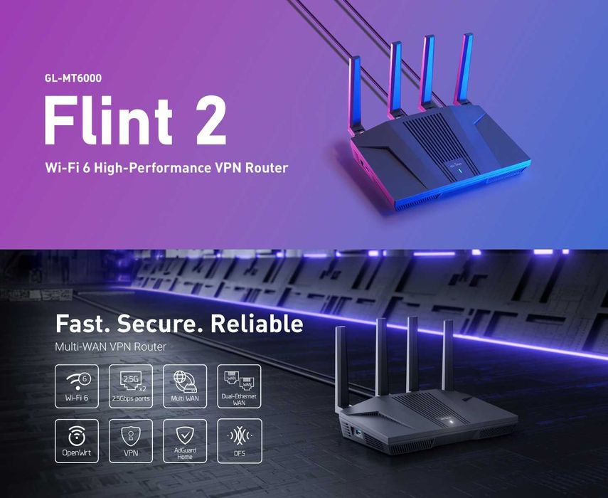 Wi-Fi роутер із подвійною швидкістю GL.iNet Flint 2 GL-MT6000