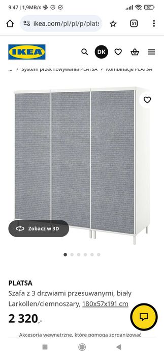 Szafa Ikea Platsa przesuwna szara