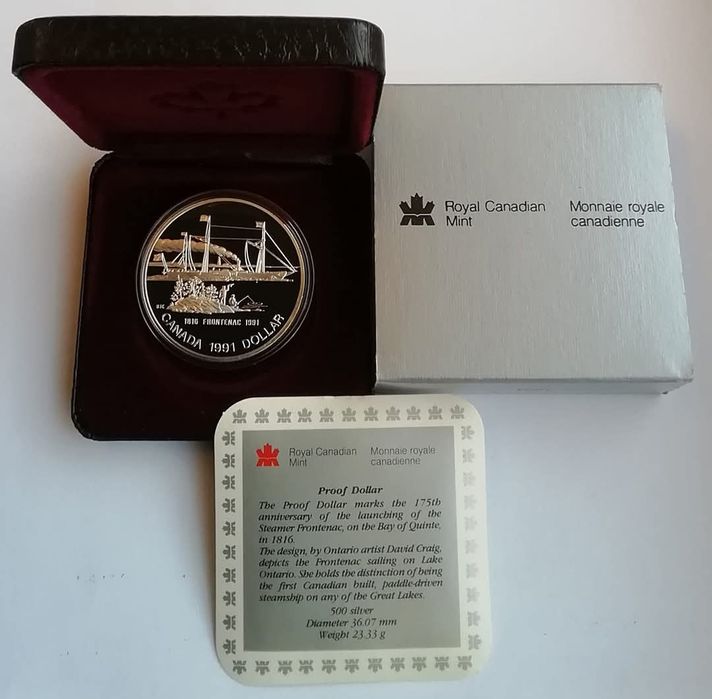 Канада 1 долар 1991р. СРІБЛО. ПРУФ. Пароплав Фронтенак. Сертифікат.