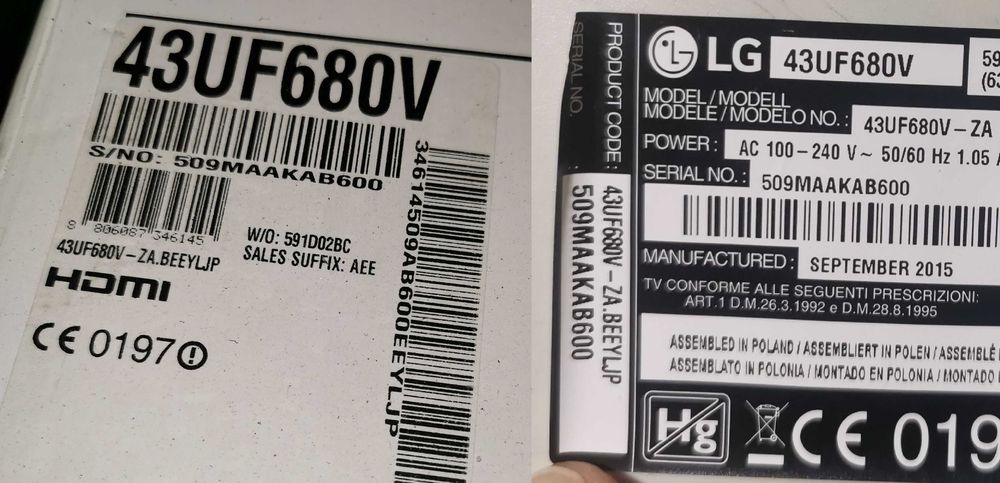 Telewizor LG 43 43UF680V Części Zasilacz TCON Listwa Ledy WIFI IR