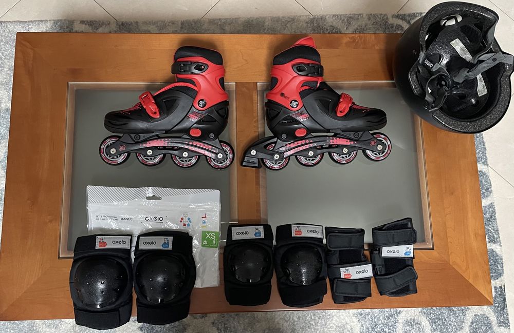 Patins em linha criança número 31-35 com kit de proteções e capacete