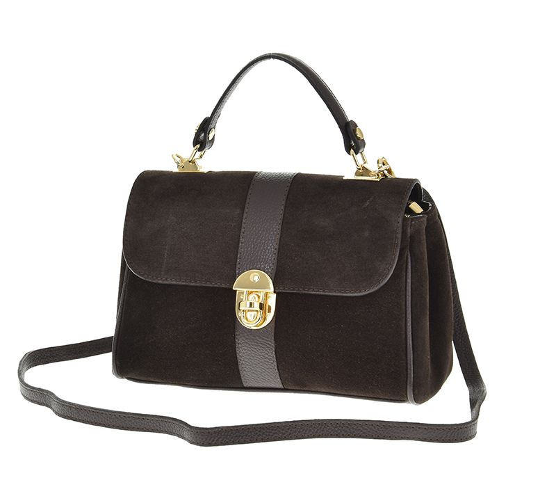 Torebka damska kuferek skóra naturalna zamsz czekoladowy brąz