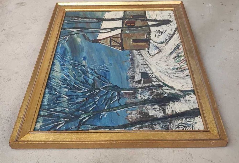 Aldeia no Inverno - Óleo sobre painel - Pintura antiga - Quadro