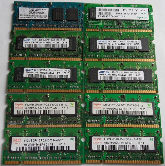 Pamięć RAM  DDR2 1  Gb 10 szt.+ 512  Mb 10 szt.