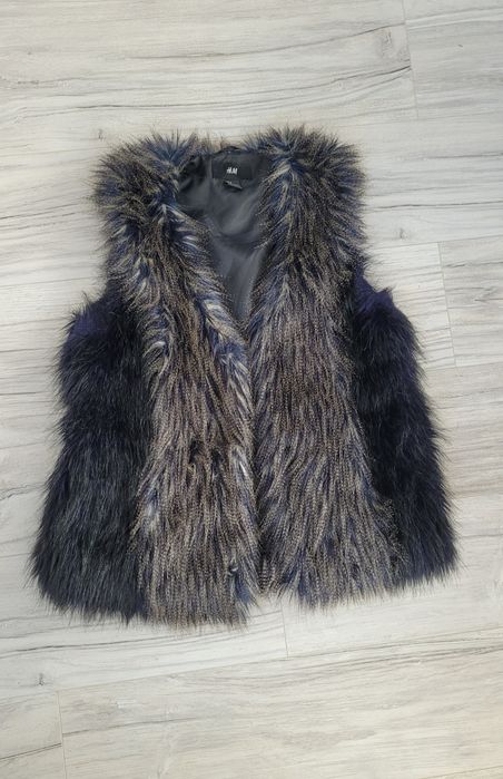 Kamizelka/bezrękawnik granatowo szary niezapinany futerko H&M