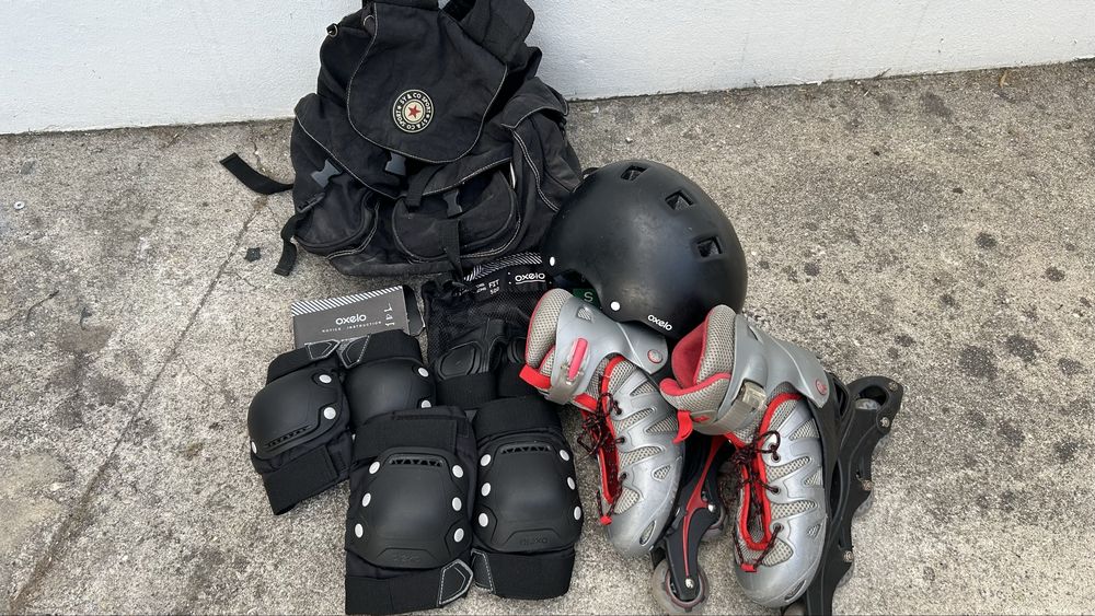 Kit Patins em Linha + Proteções + Mochila