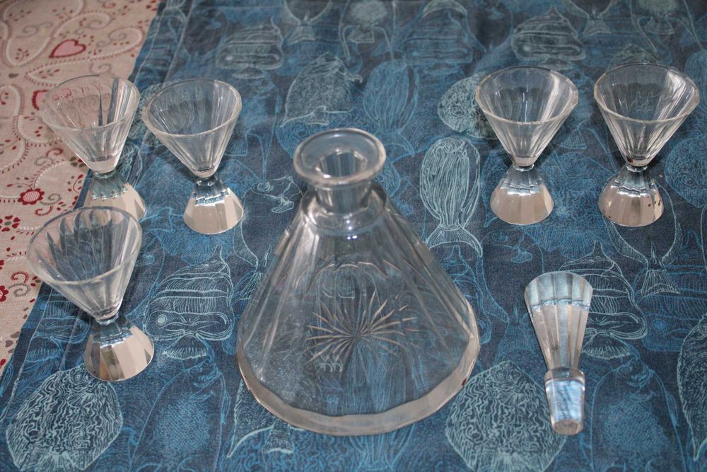 Conjunto de Garrafa e 5 copos cristal, arte Nova beleza e raridade