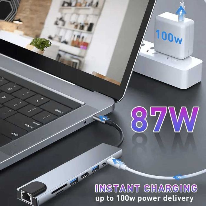 Hub USB-C 8 em 1 (2x Portas USB-C e USB 3.0, Ethernet RJ45, HDMI, SD/TF, Charge 100w)