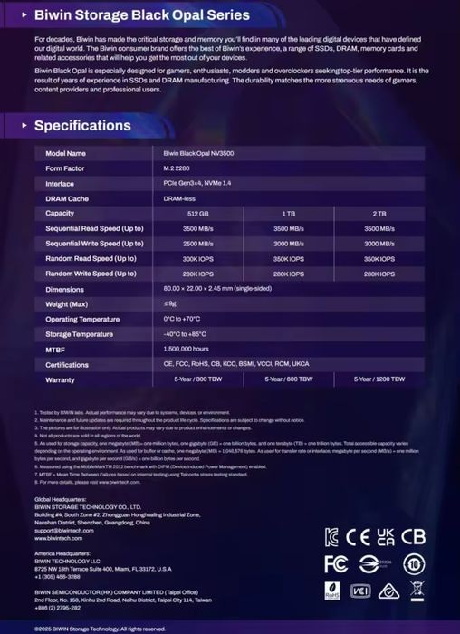 SSD, M.2 PCle Gen3x4  BIWIN Black Opal NV3500 NVMe, 512 гб,