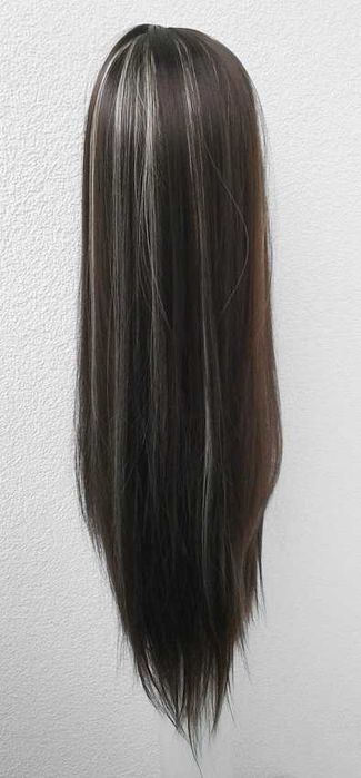Brązowa długa peruka z przedziałkiem bez grzywki z blond pasemkami wig