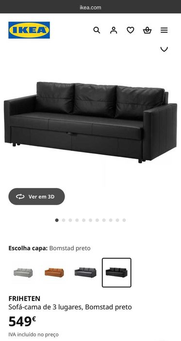 Sofá cama IKEA modelo FRIHETEN como novo, preto. Nunca usado como cama