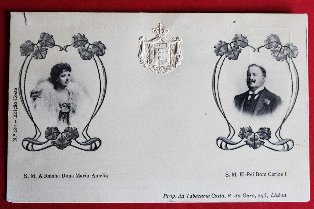 Rei D Carlos e Rainha D Amélia postal Armas Reais (Reserva AAM)