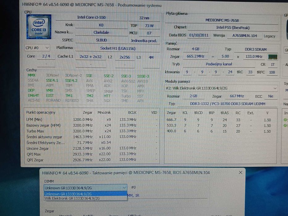 Sprawny zestaw Płyta główna MSI MS-7658 i3-550/4GB