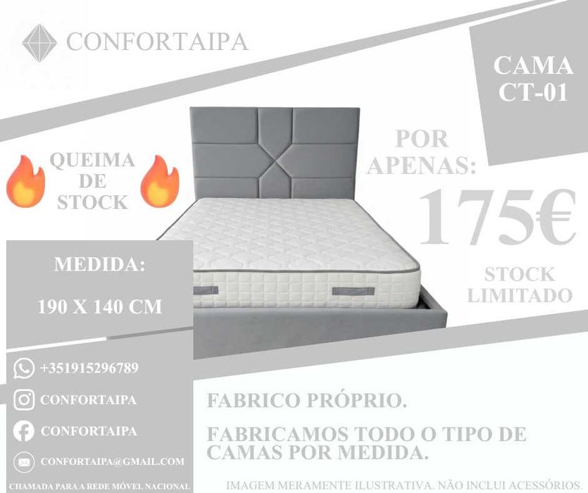 Cama de Casal Estofada - 190x140cm - Promoção Queima de Stock