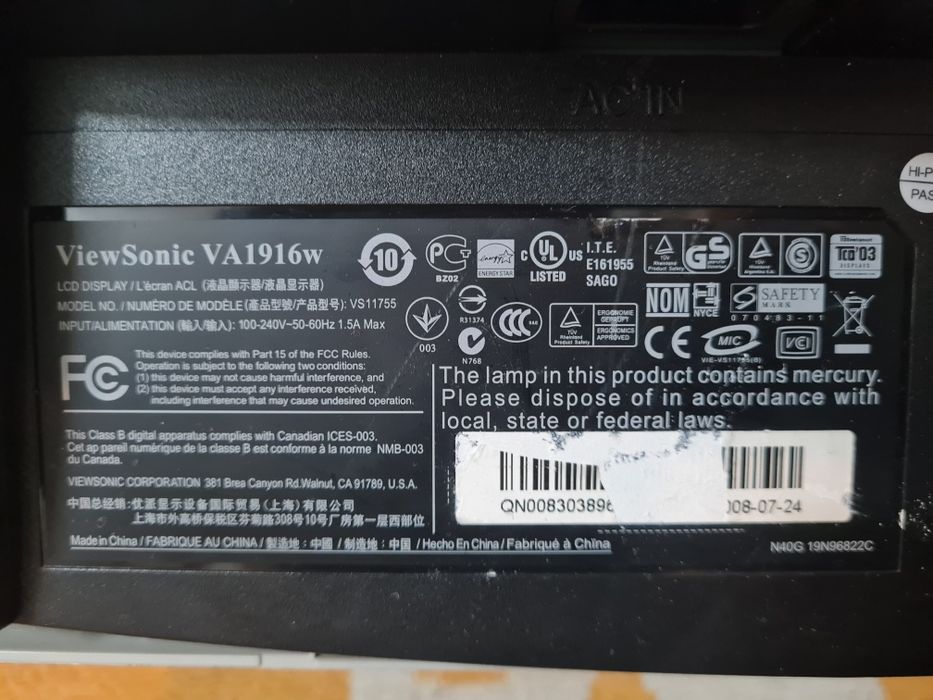 Monitor ViewSonic VA1916w 19" 1440×900 — VGA