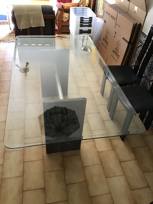 Mesa de sala de jantar vidro e mármore 180 x 100 cm