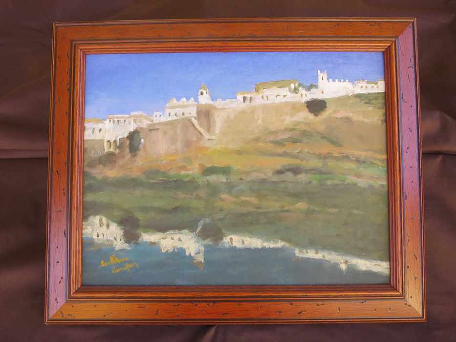 Pintura a óleo de Mértola paisagem muralha quadro tela arte emoldurada