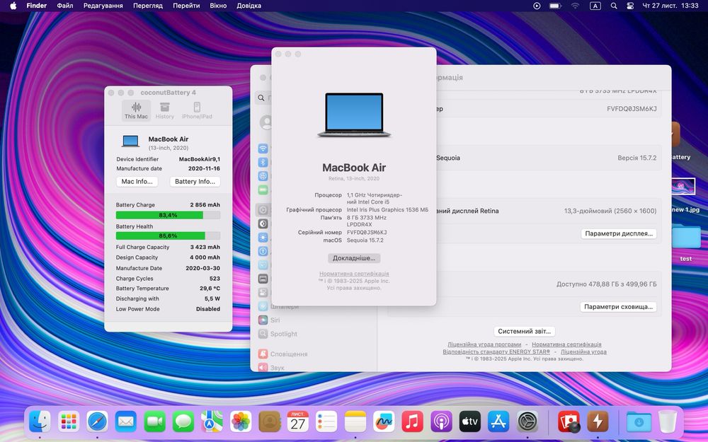 Ноутбук MacBook Air 13” 2020 i5 8ОЗУ 512GB SSD стан  9,9/10 #85760