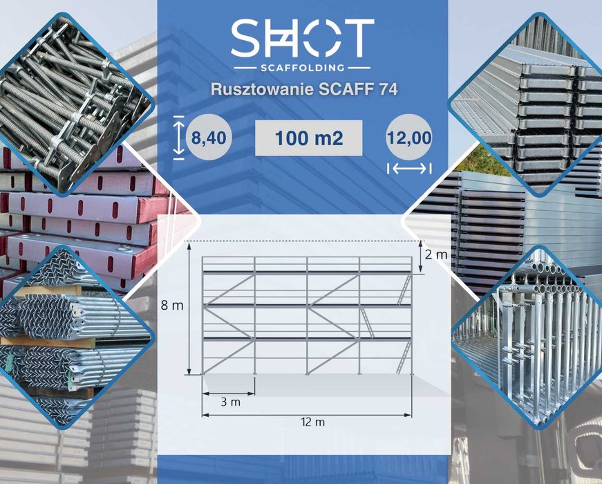 Nowe stalowe rusztowanie Plettac 8x12=100m2 elewacyjne, podesty 3m