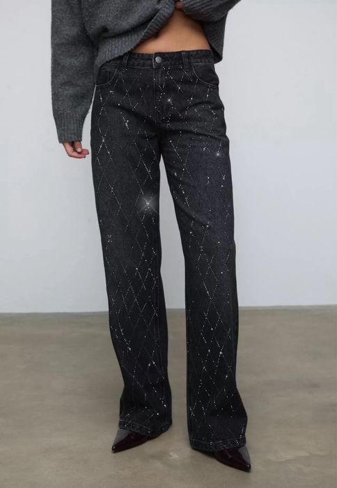 Чорні/темно-сірі джинси wide leg з камінчиками Stradivarius