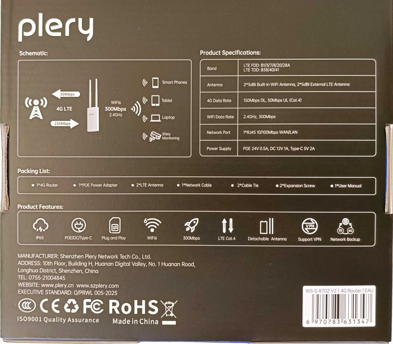 НОВИНКА Потужний вуличний 3G/4G Wi-Fi6 роутер Plery SIM POE LAN Type-C