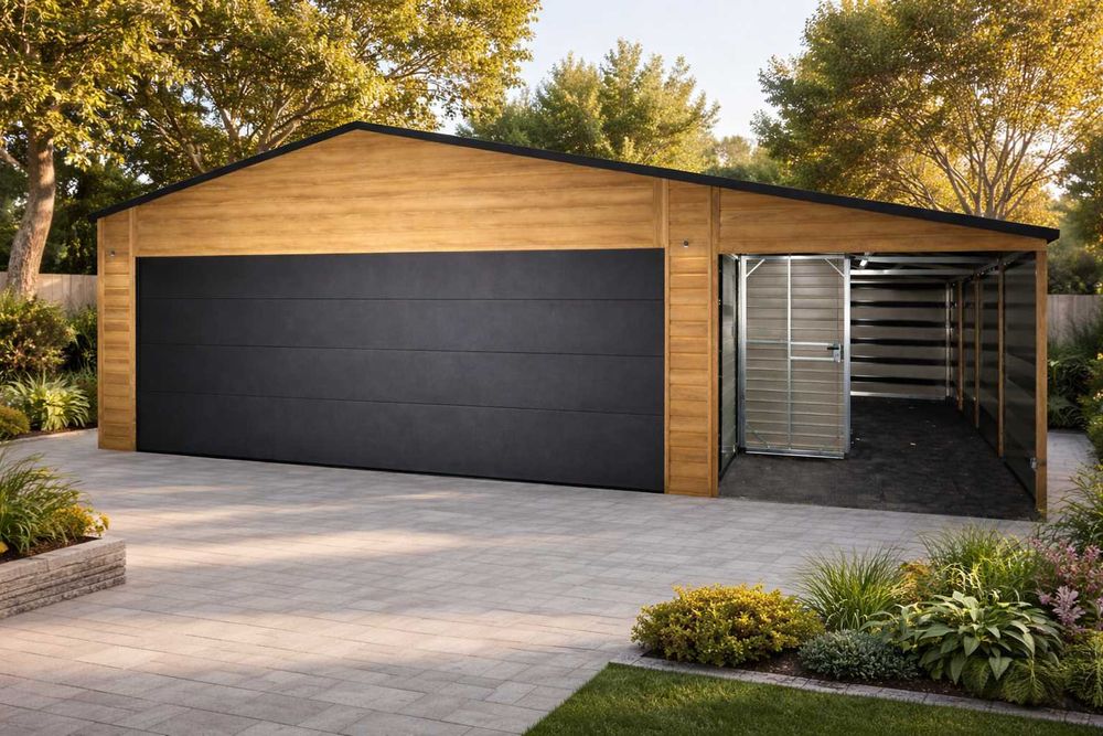 Garaż blaszany drewnopodobny 8x5 brama segment z automatem + wiatka panelowa PREMIUM