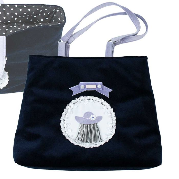 Torebka welurowa shopper torba hand made z ozdobą granatowa duża WZORY