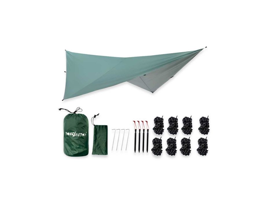 Zestaw! Tarp biwakowy 3x3 m zielony maskujący z powłoką termoizolacyjną - 8 linek 8 szpilek i worek na biwak camping