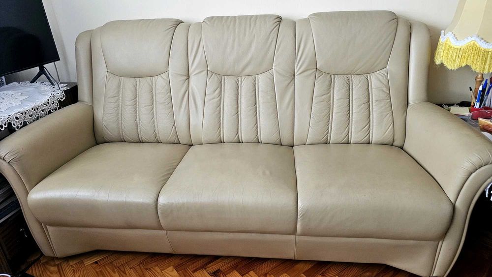 Skórzana sofa, beżowa nierozkładana