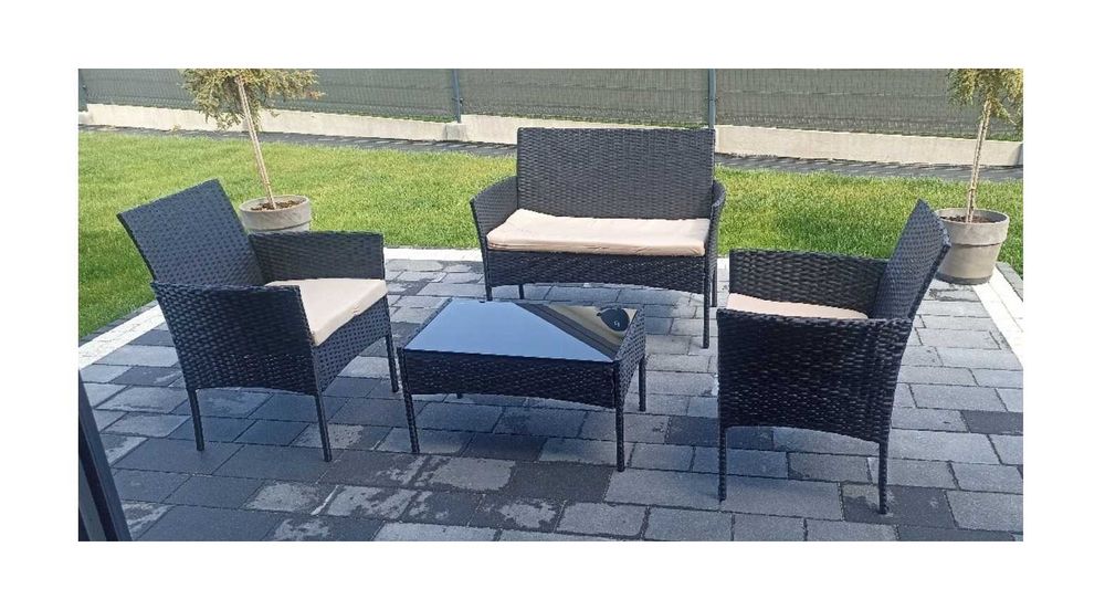 Meble Ogrodowe Sofa Fotele Stolik Technorattan i Poduszki Zestaw na Ogród PREMIUM Komplet Na balkon Taras Ratanowe Czarne Zestaw 4Osobowy KRZESŁA STÓŁ