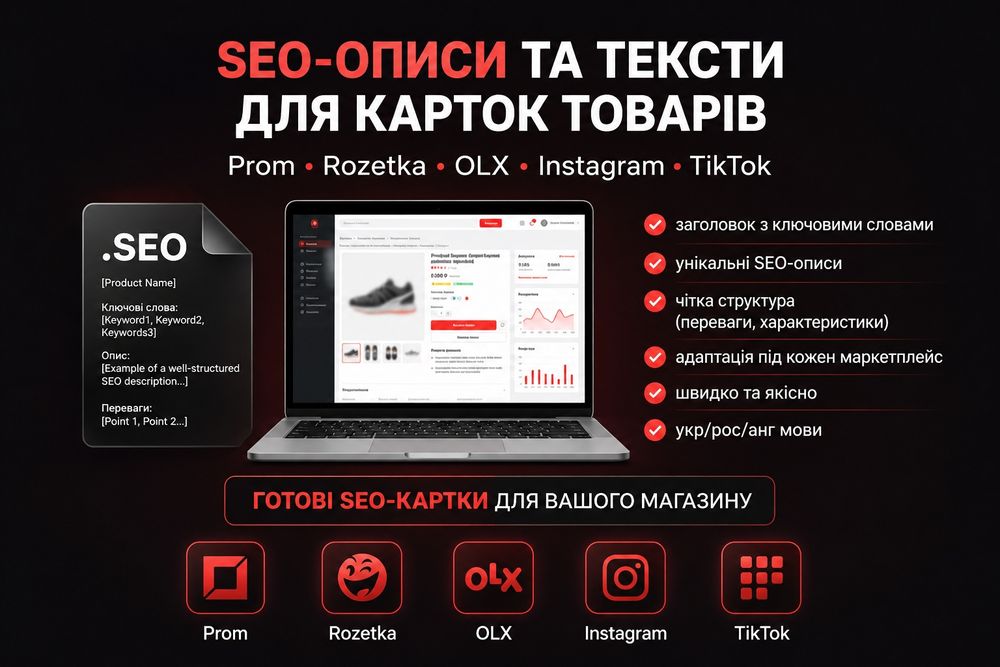 Оформлення карток товару + SEO (OLX / Prom / Rozetka)