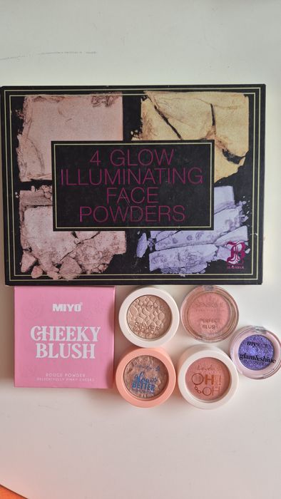 Zestaw kosmetyków GLOW – Paleta rozświetlaczy, róże, cienie (Lovely, Miyo, Sensique)