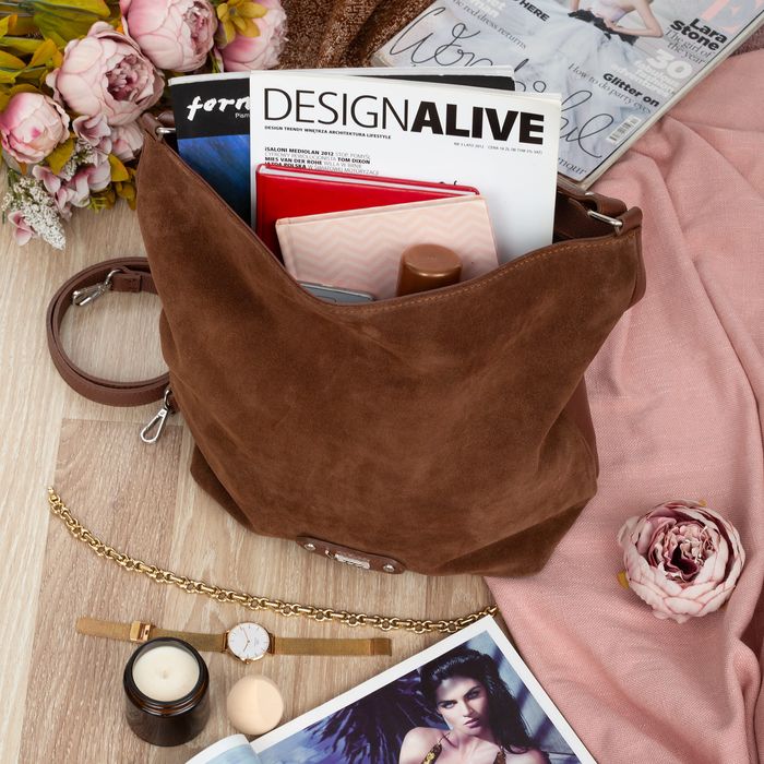 VEZZE torebka zamszowa worek z klapą i paskiem ramię V530 brązowa