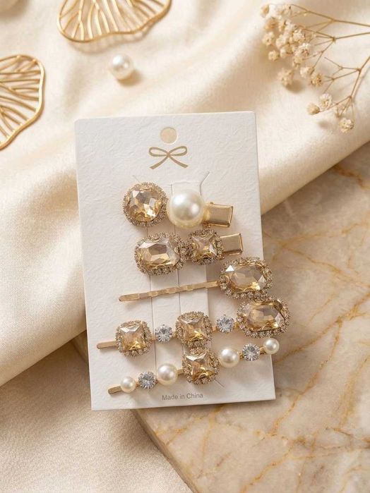 Eleganckie spinki do włosów zestaw 5 sztuk perełki kryształki kod A413
