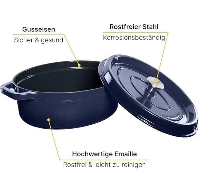 GRAND FEU 5,6L Owalny Żeliwny Garnek z Pokrywką i Szerokimi Uchwytami