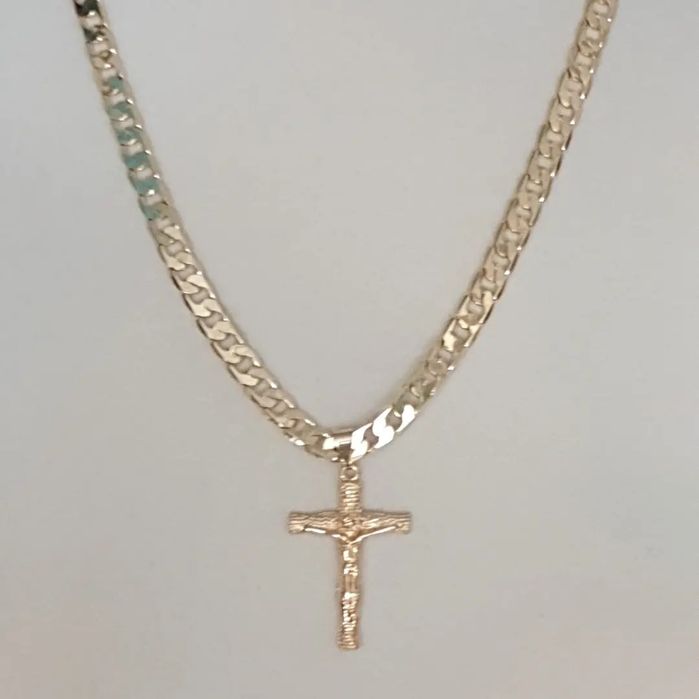 Pozłacany komplet męski łancuszek I krzyż splot pancerka 55cm