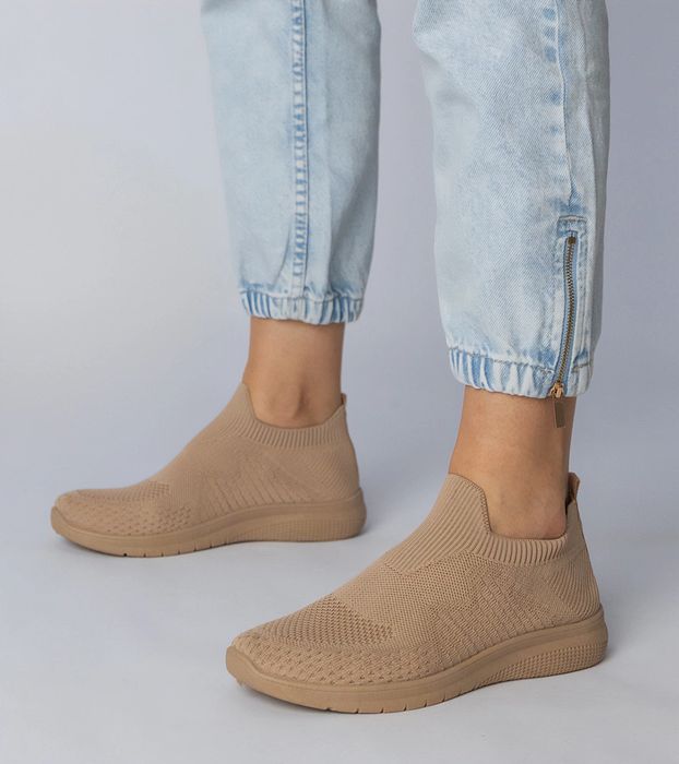 Beżowe sneakersy sportowe ze skarpetkową cholewką Kreta