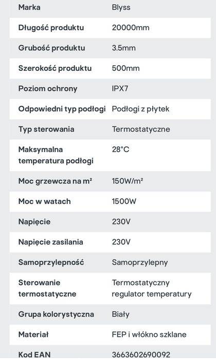 Mata grzejna pod płytki 10m2