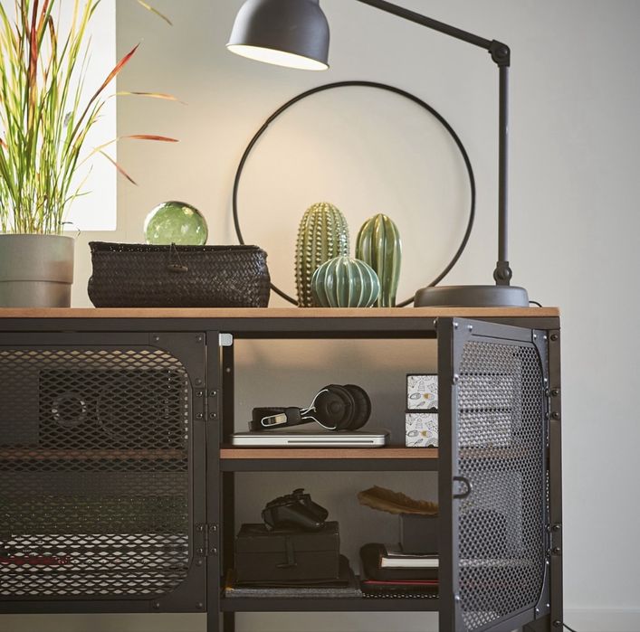 IKEA FJÄLLBO – Móvel TV industrial preto/madeira 150 cm