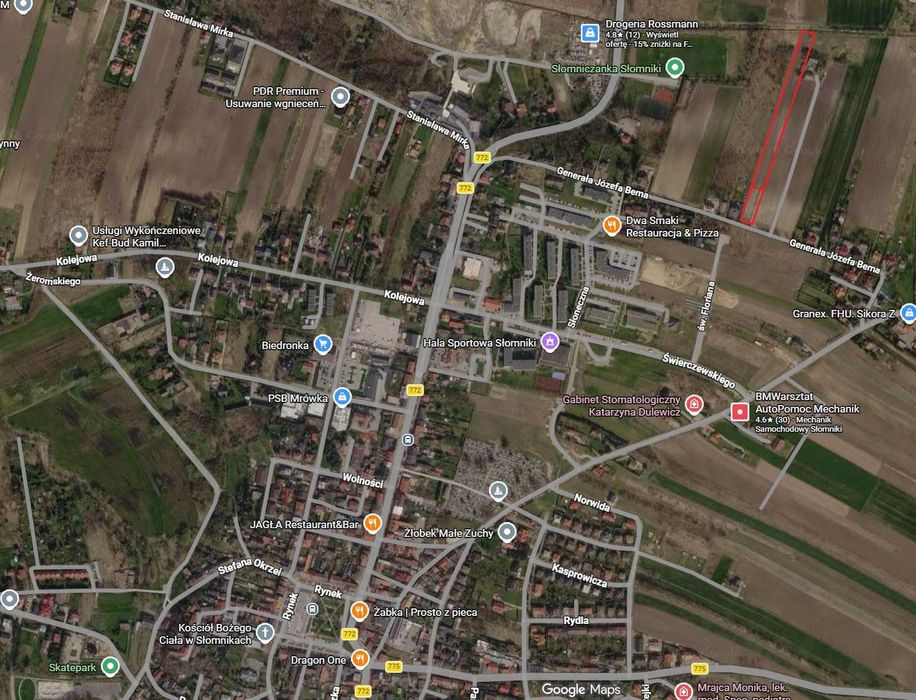 Działka 60 arów przy Słomnikach ul. Bema, media,asfalt,11 ar budowlana