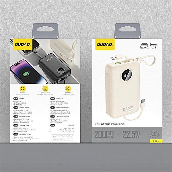 Powerbank Dudao K14+ 20000mAh 22.5W USB-C / USB-A / wbudowane kable Li