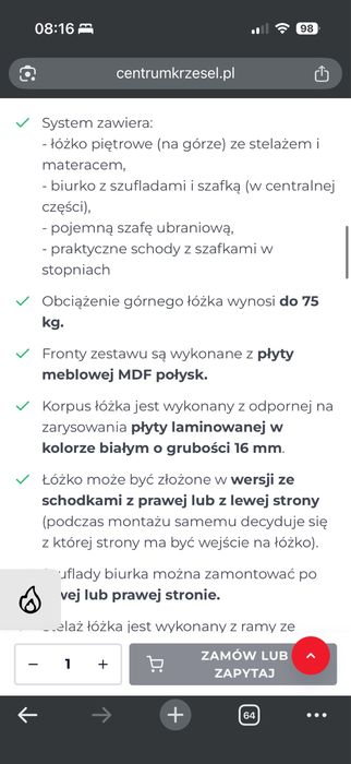 Łóżko piętrowe z biurkiem, szafą i schodami z szufladami – stan  dobry